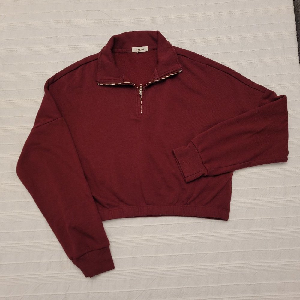 Ladies Garage Quarter-zip Cropped Sweatshirt- Burgundy